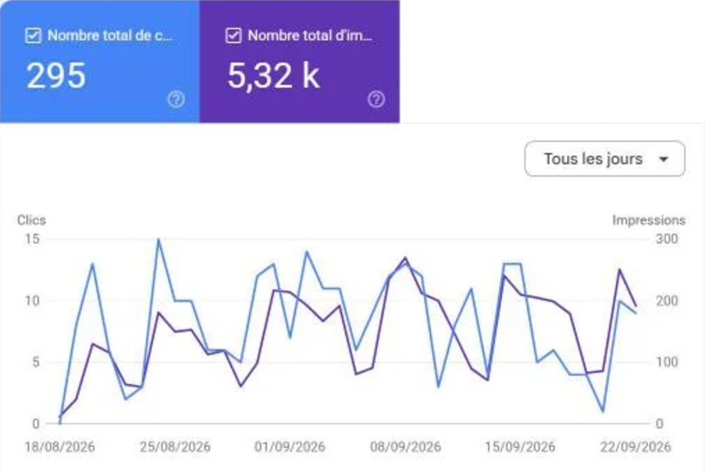 Nos réalisations Search Console de capbeaune.fr : 295 clics et 5 320 impressions